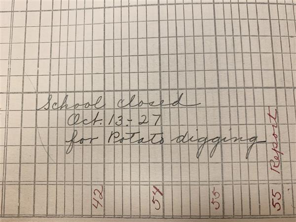 Handwritten notation that school was closed for potato digging